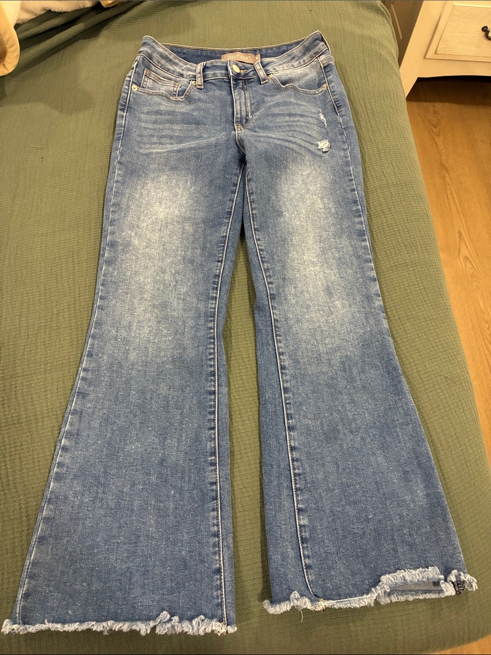 Just USA Light Blue Cropped Flare Jeans with Frayed Hem
